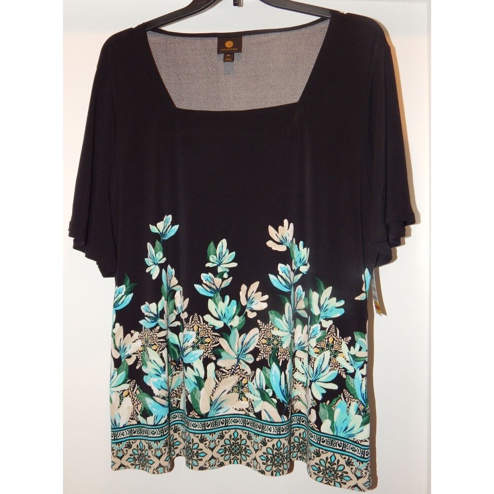 NWT $40. JM Collection Women’s Top XXL Black w/ Floral Design S/S Stretch Blouse